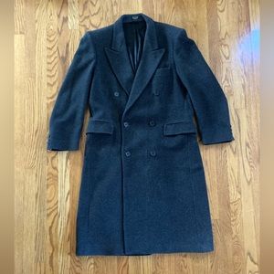 Vintage men’s wool long double breasted outerwear coat dark grey tweed